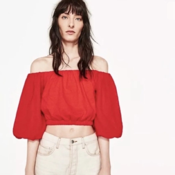 ZARA BRIGHT RED PUFf SLEEVE OFF SHOULDER TOP S - Picture 1 of 11